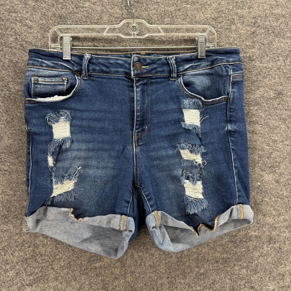 Wax Jean Shorts Women XL Blue Denim Dark Wash High Rise Cuffed Distressed Casual
